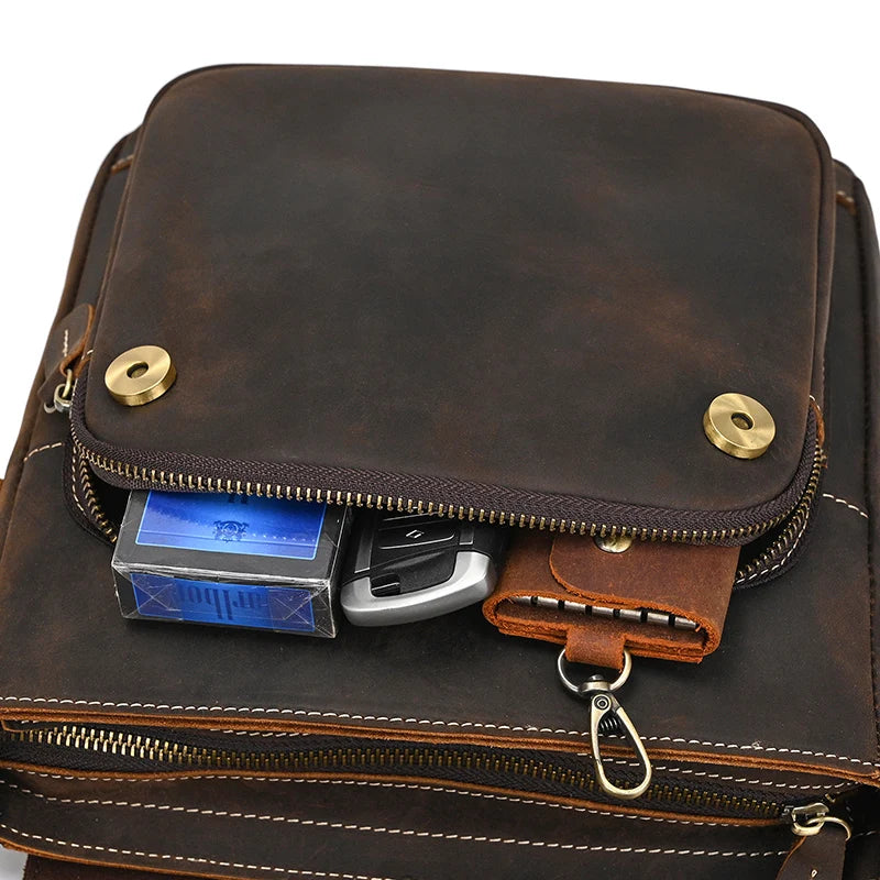 Men's Vintage Genuine Leather iPad Messenger Bag Thick Cow Leather Shoulder Bag Small Casual Crossbody Bag Cowhide Briefcase