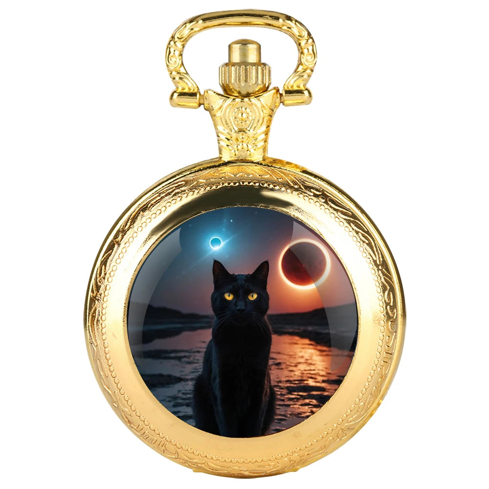 Halloween Black Cat Design Glass Dome Fashion Arabic Numerals Quartz Pocket Watch Necklace Pendant Chain Mens Women Gifts