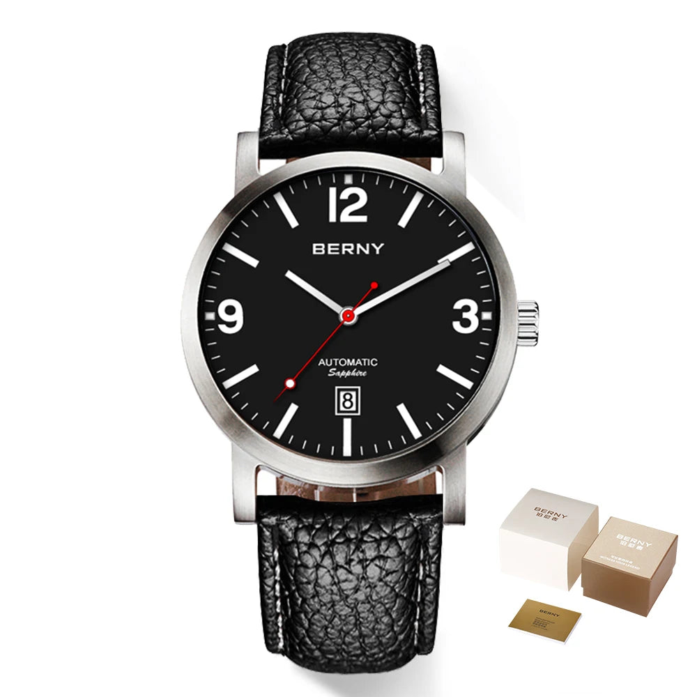 BERNY Men Mechanical Wristwatch 5ATM Waterproof Watch Casual Leather Swiss Railway Timepiece ST1612 Luxury Automatic Men Watch