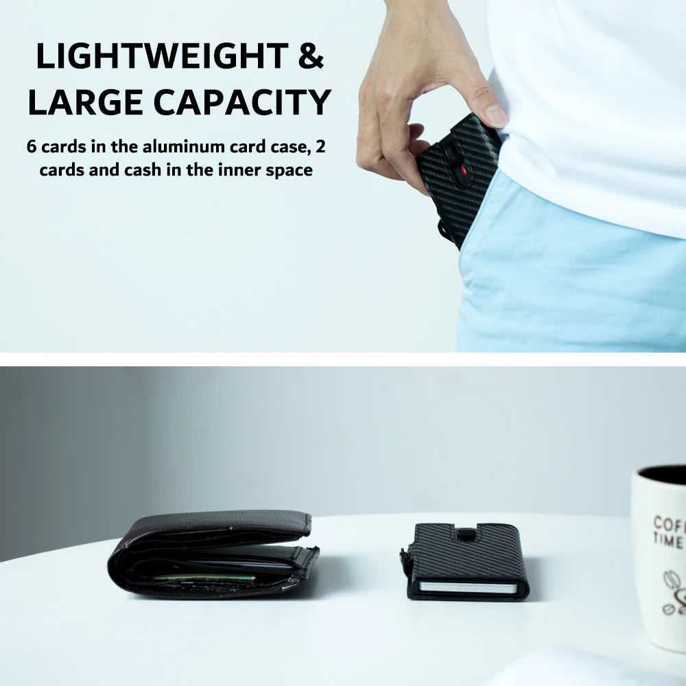 Casekey Real Carbon Fiber Leather Wallet Slim Rfid Blocking Pop Up Card Holder With Zipper Pocket Small Money Bag Male Purses