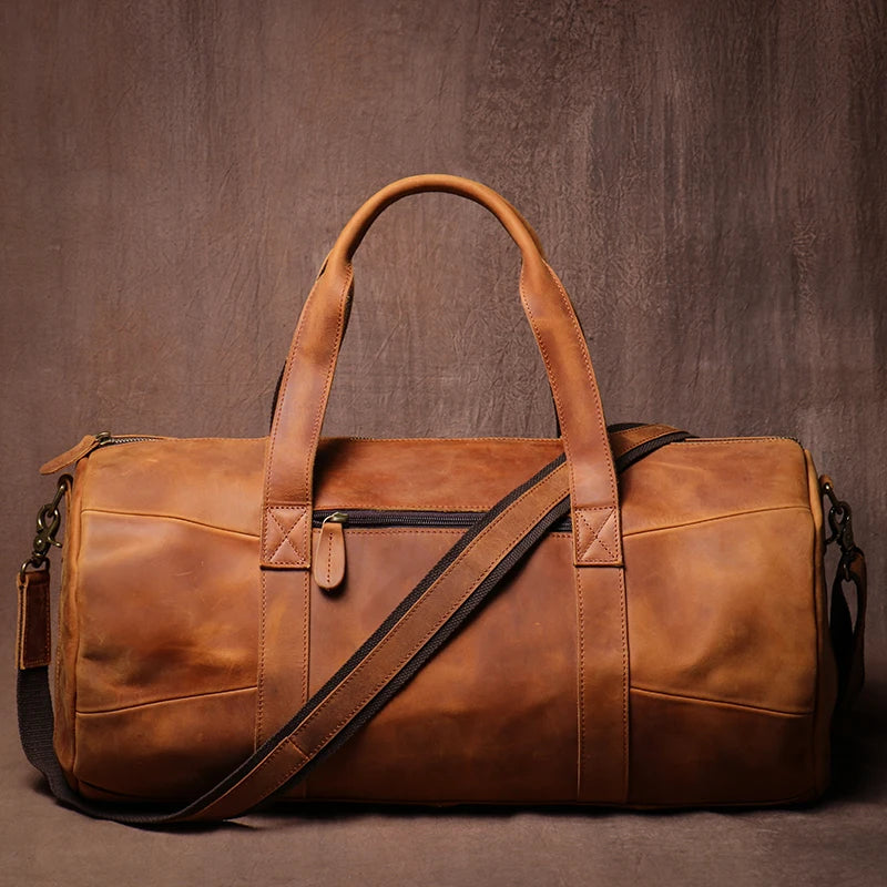 LUOKIR Luxury Genuine Leather Travel Bag Vintage Crazy Horse Cowhide Shoulder Luggage Bag Men Casual Handbag Weekend Duffle Bag
