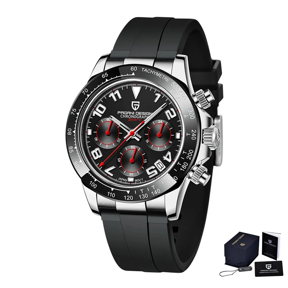 PAGANI DESIGN Luxury Brand Rubber Quartz Chronograph Watch Men Japan VK63 Movt Sapphire Glass Waterproof Clock Reloj Hombre