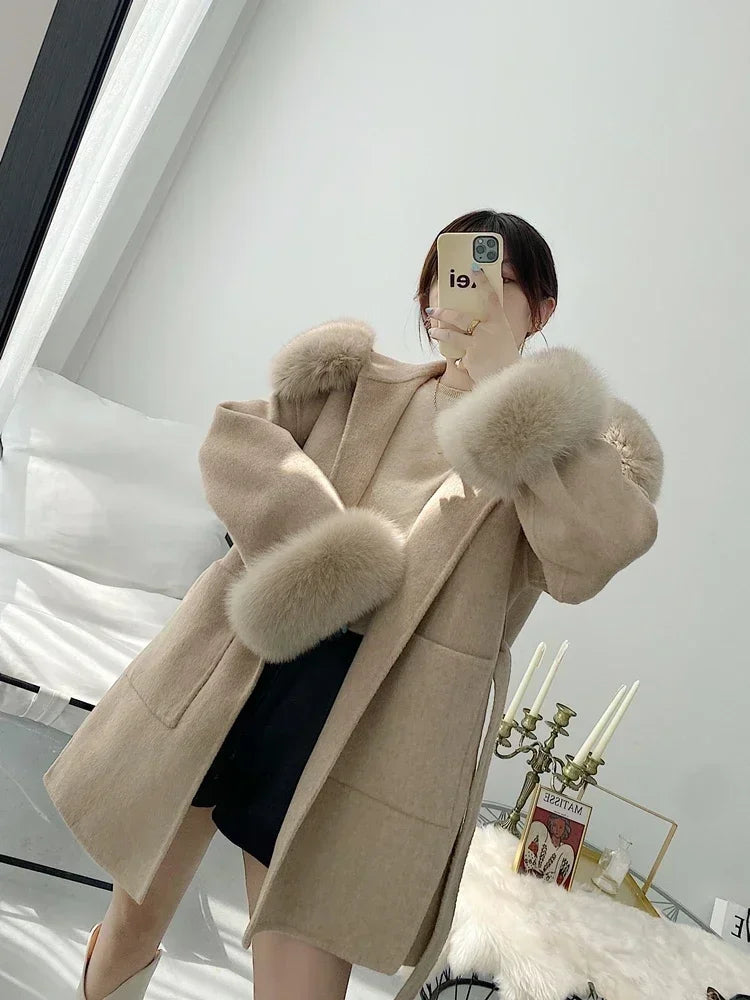 2024 New Woolen Coat Oversize Ladies Outerwear Winter Women Natural Fox Fur Collar Cuffs Jacket Hood Cashmere Wool
