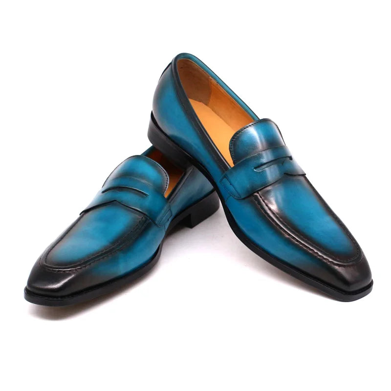Size 39-46 Handmade Mens Penny Loafers Genuine Leather Light Blue Men Dress Shoes Wedding Party Slip On Shoes Italian Fashion