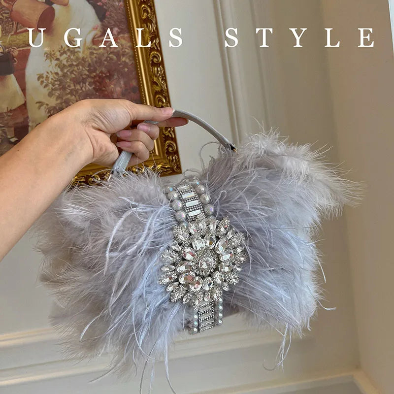 Luxury Ostrich Feather Handbags Diamond Bag Pearl Evening Bags For Women Shoulder Crossbody Bag Party Purse Wedding Clutch