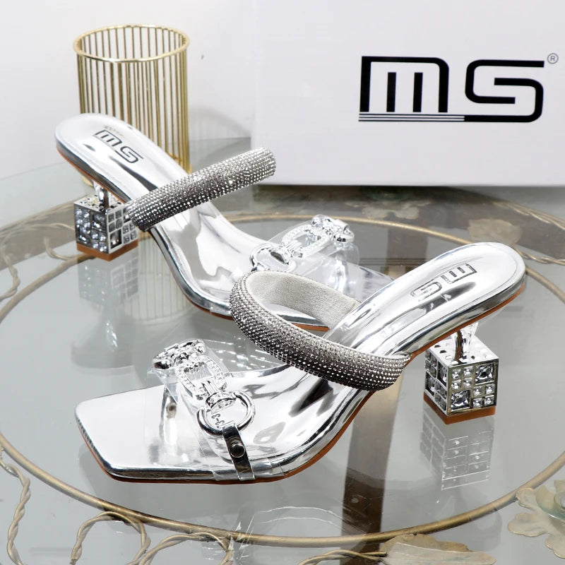 Women's slippers 2025 summer fashion Transparent belt metal decoration box shaped square Alien heel high heels wearing sandals
