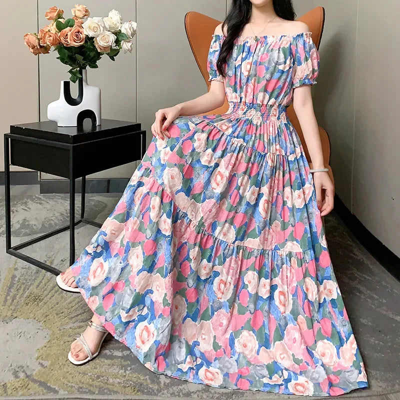 Cotton Silk floral Short sleeved Dress Beach vacation Big swing Dress New Summer 2025 Printed One neck Long Dresses