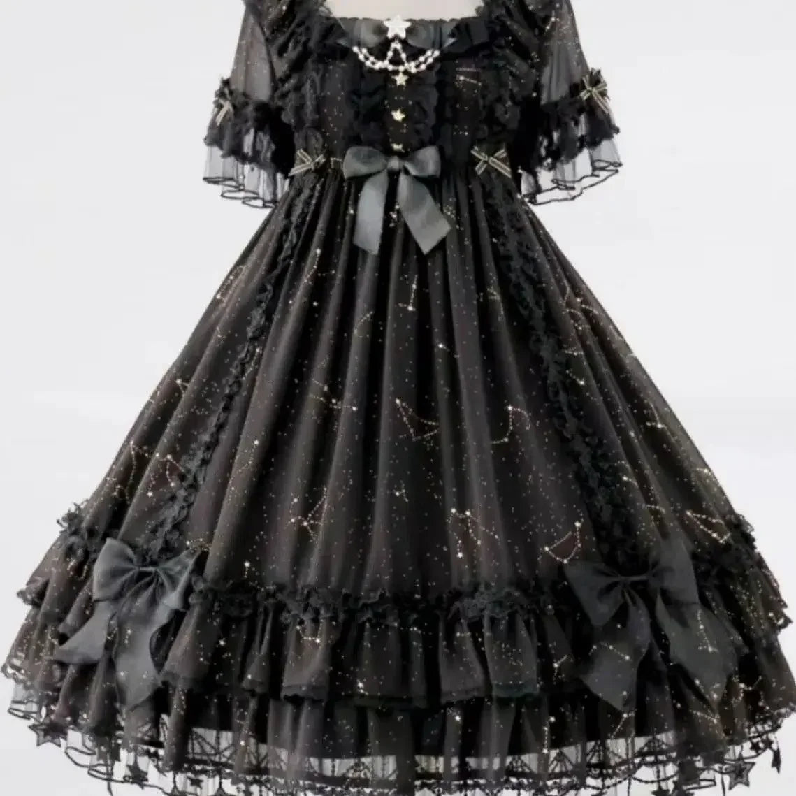 NONSAR Gothic Square Collar Ruffles Lace Black Dress Women Sweet Short Sleeved OP Dresses Summer Daily Goth Lolita Y2K Dress