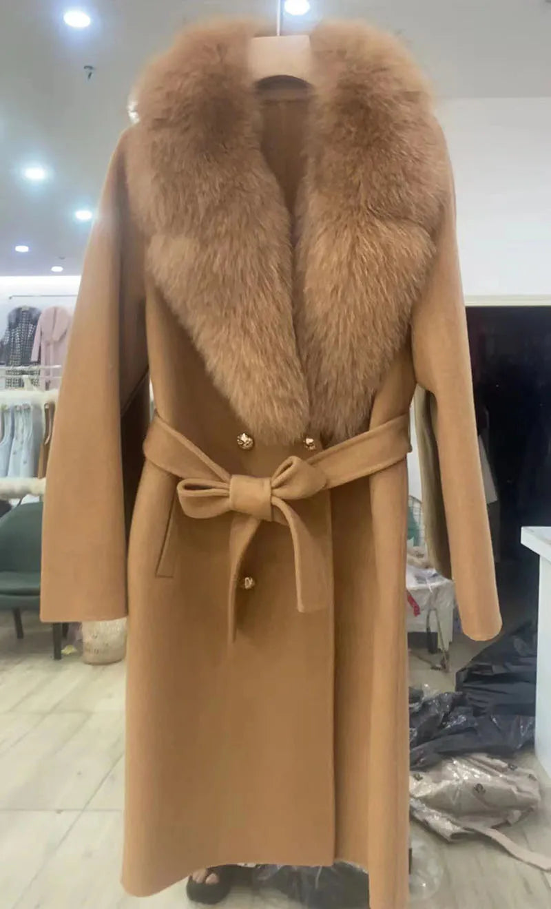 Long Women Wool Blended Coat With Big Real Fox Fur Collar Fashion Slim Winter Wool Jacket With Belt Outwear With Fox Fur Cuff