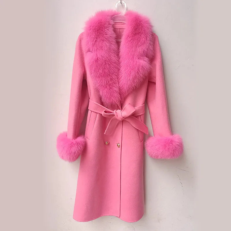 Long Women Wool Blended Coat With Big Real Fox Fur Collar Fashion Slim Winter Wool Jacket With Belt Outwear With Fox Fur Cuff