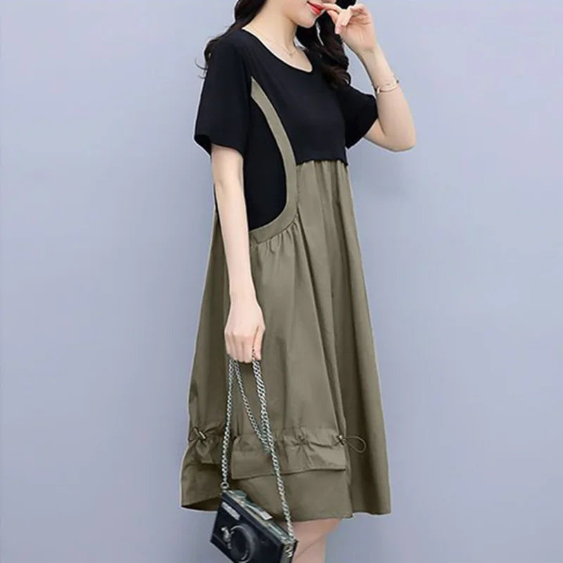 Fashion O-Neck Spliced Loose Folds Shirring Midi Dress Women's Clothing 2023 Summer New Oversized Fake Two Pieces Casual Dresses