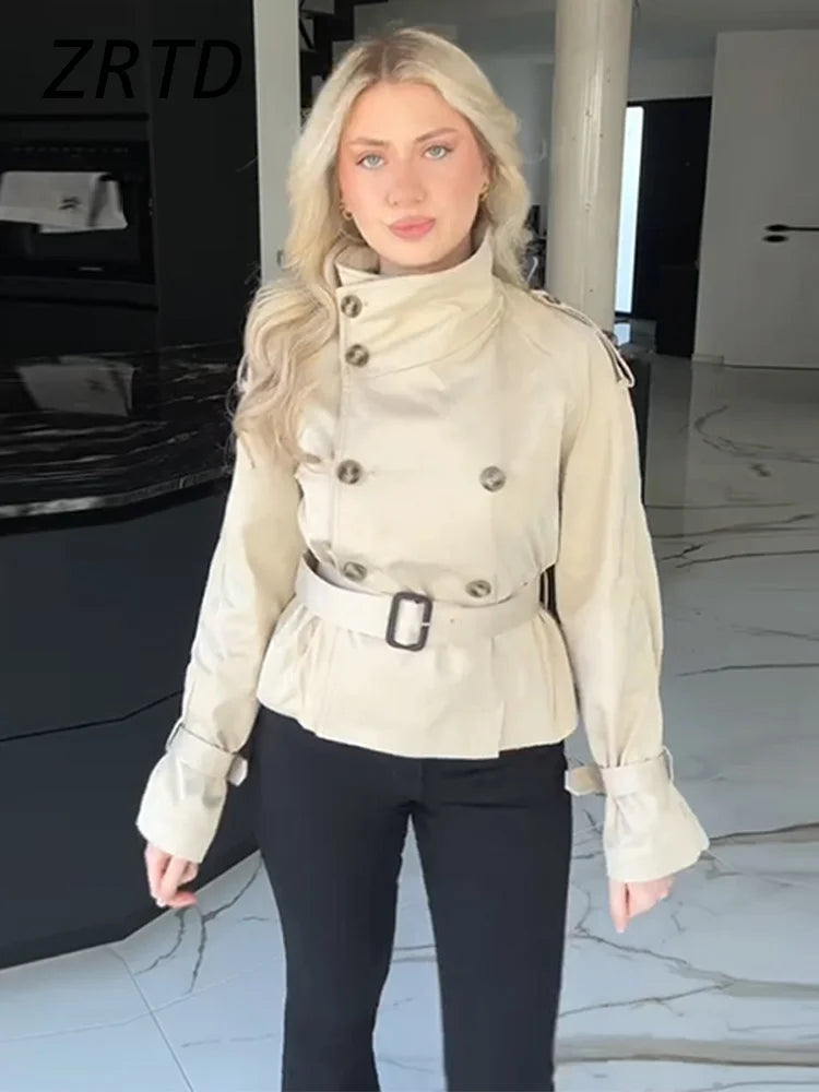 Fashion Women's Short Belt Jackets Turtleneck Double Breasted Full Sleeve Female Trench Coats 2025 Autumn Lady Commute Outwear