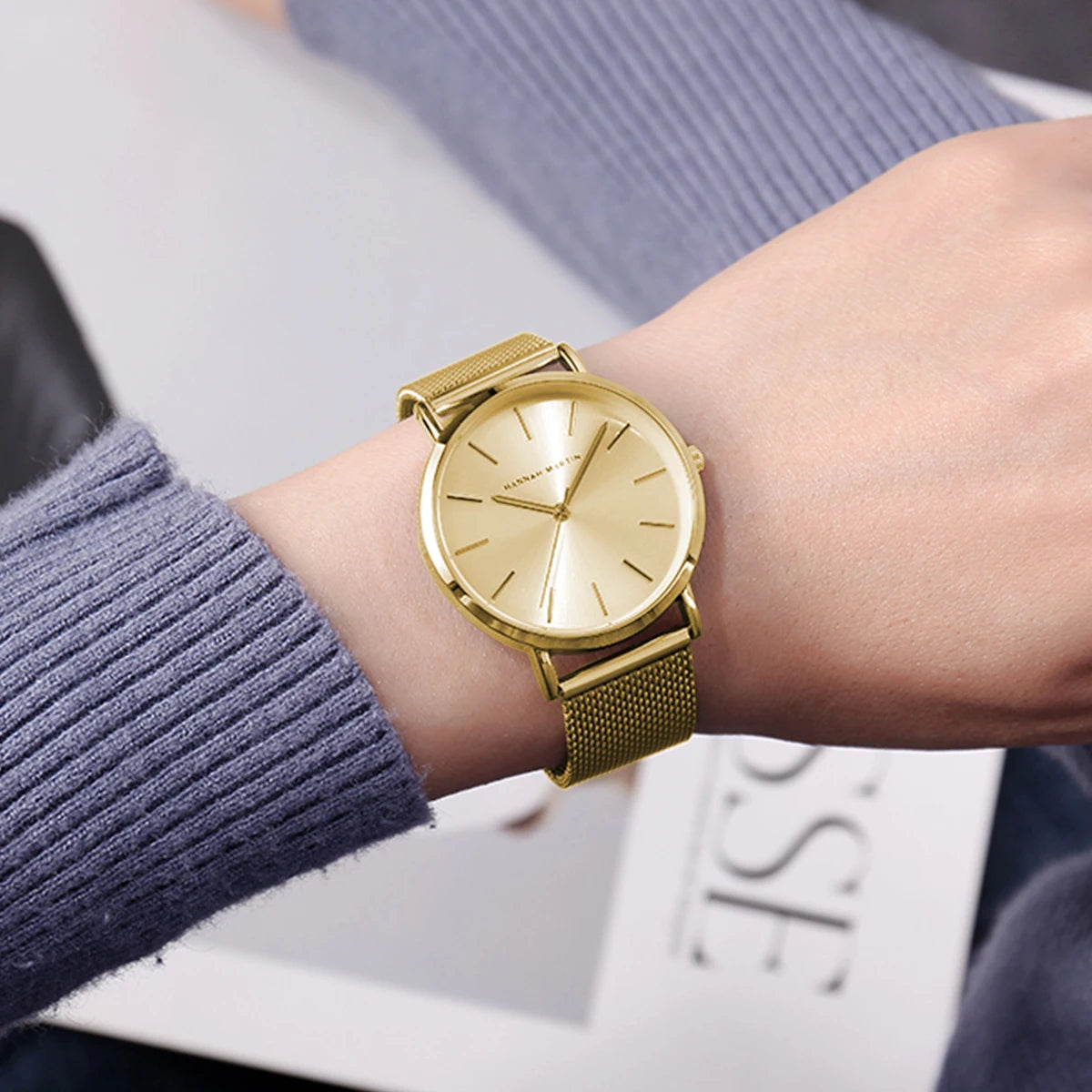 Hannah Martin Original Women Watch With Japanese Imported Movement Fashionable Simple Style Stainless Steel Mesh Rose Wristwatch