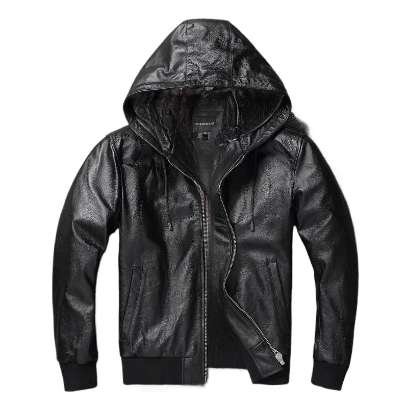Men Leather Jacket with Hood Genuine Cowhide Slim Fit Male Skin Coat Spring Autumn Clothing Chamarras De Cuero Para Hombre