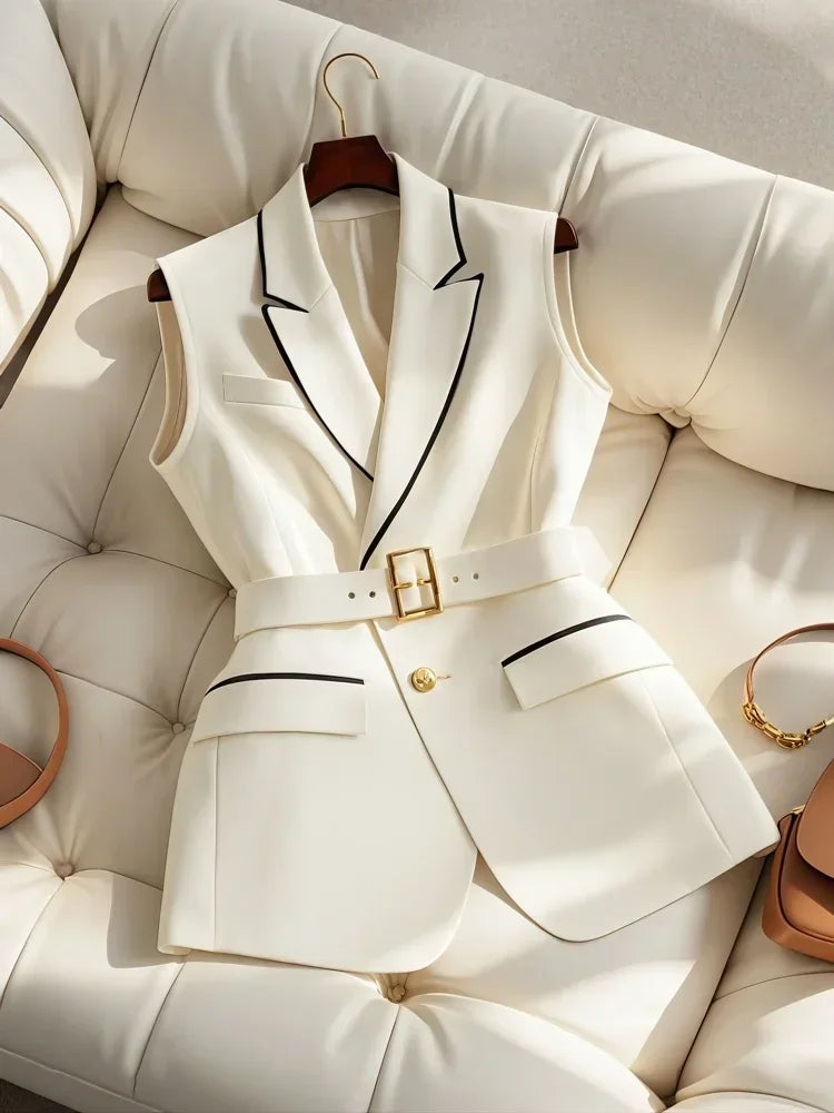 French Elegant Fashion White Suit Vest Women Clothing Summer New High Waist Elegant Slimming Sleeveless Coat Office Lady Clothes
