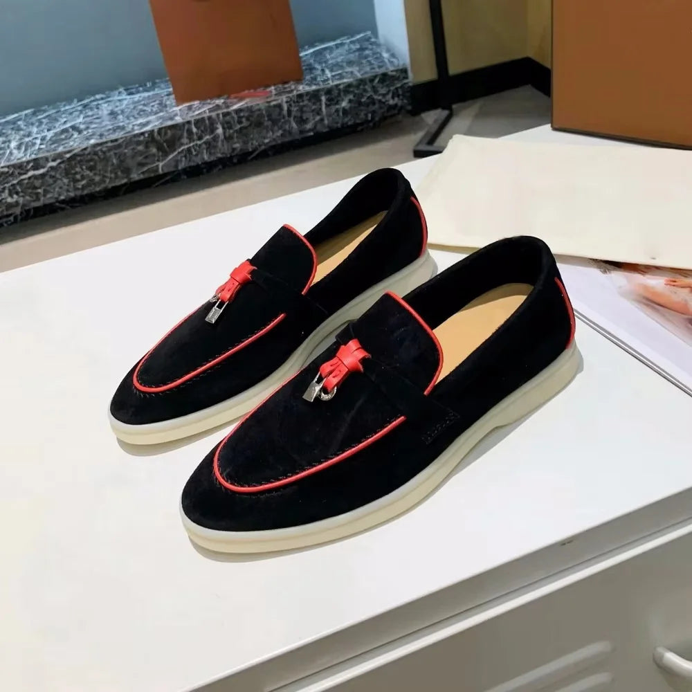 2025 Men's Flat Loafer Summer Top Quality Suede Leather Tassel Metal Buckle Pink Slipper Mules Comfortable Slip on Shoes