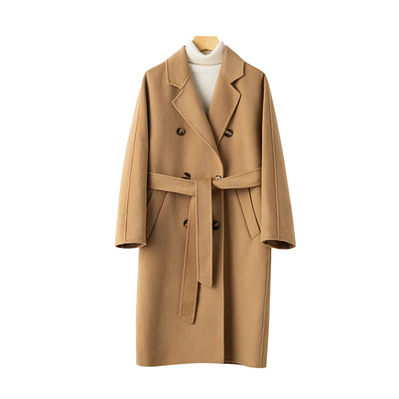 High Quality Double Sided 100%Wool Coat Women Long Double Breasted Elegant Loose Cashmere Winter Jacket