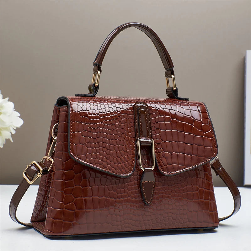 TRAVEASY Brand 2025 New Women's Tote Crossbody Shoulder Bag Crocodile-Embossed Glossy Flap Spacious Capacity Fashionable Handbag