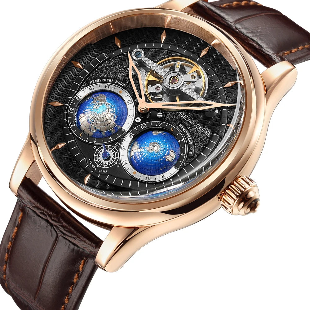 SEAKOSS 3D Double Earth Rotating Men's Mechanical Watch Automatic Movement Waterproof Clock Pilots Male 1963 Flywheel Watches
