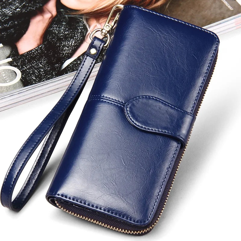 Hot selling women wallet korean American style oil wax wallets zipper note clip women card package mobile phone women clutch