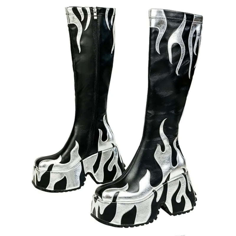 2024 Women's High Quality Thick High Heels, Thick Sole Side Zipper Boots, European and American Fashion Flame Show Shoes