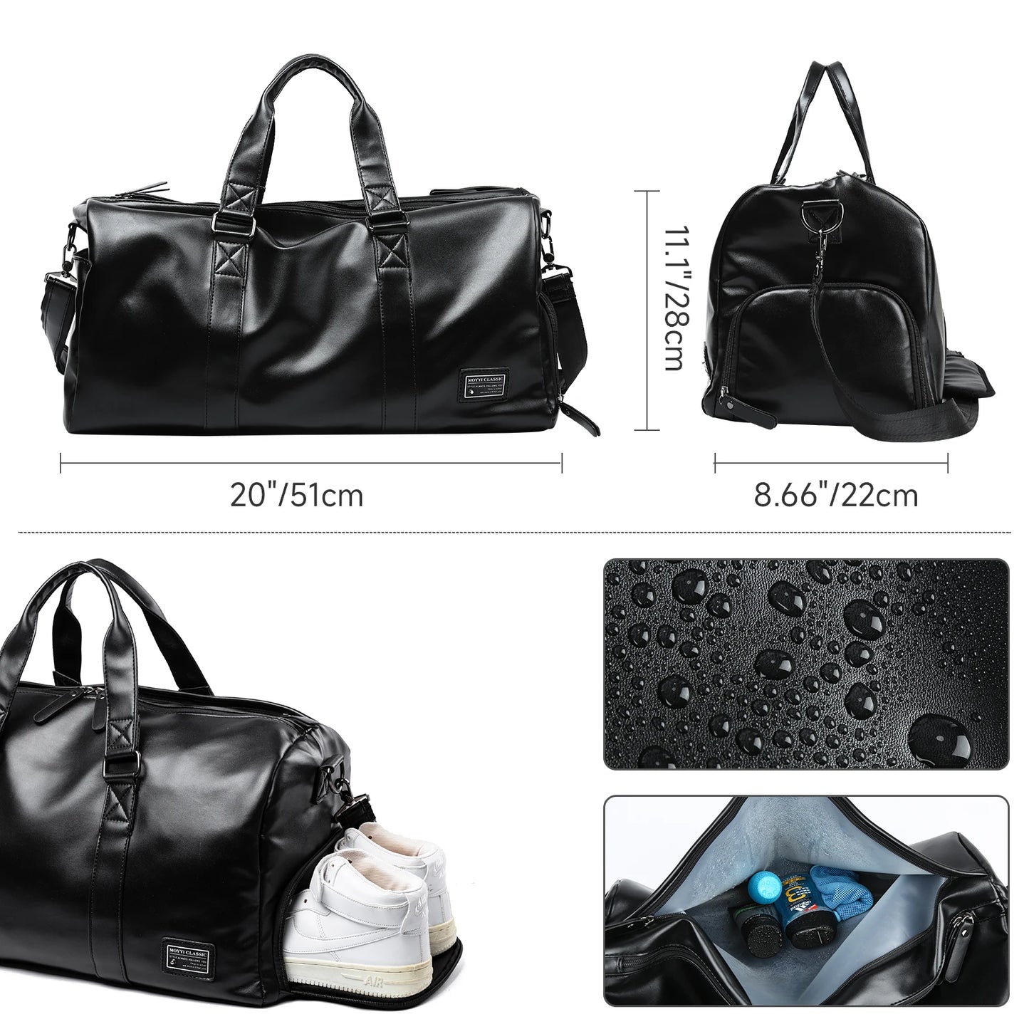 Leather Travel Duffel Bag for Men, Vintage Waterproof Bag with Shoe Pouch, Overnight Gym Sports Carry-On Leather Bag