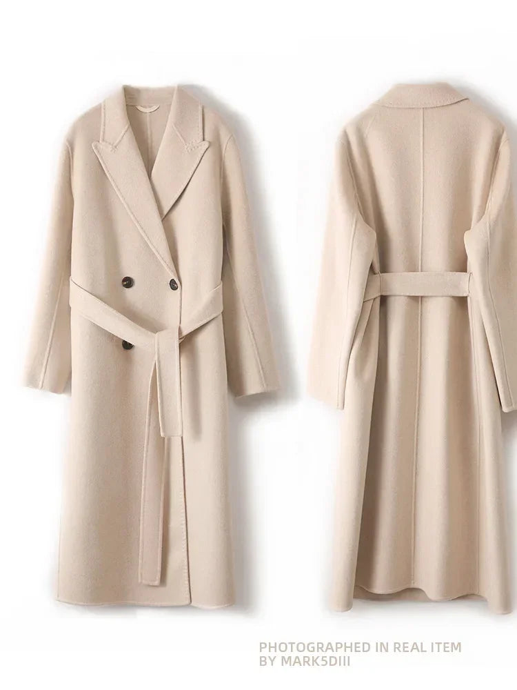 Women 100% Wool Peak Lapel Overcoat Belt Double-Breasted Autumn Winter Long Jacket Trench Coat Ladies Female Clothing #19