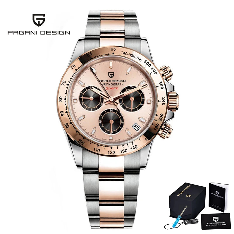 PAGANI DESIGN 2025 New Sport Chronograph Top Brand Luxury Quartz Watch For Men VK63 Automatic date 100M Waterproof Ceramic bezel