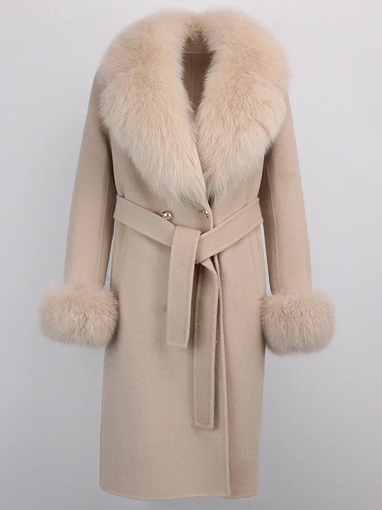 2024 Winter Jacket Women Long Natural Wool Blends Cashmere Real Fur Coat Double Breasted Belt Warm Wool Streetwear New Fashion