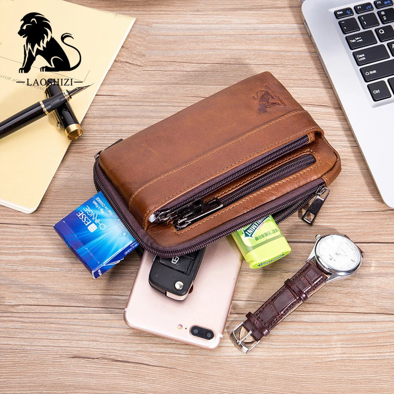 LAOSHIZI Genuine Leather Men Shoulder Crossbody Bags Small Handbags For Male Waist Pack Messenger Flap Phone Clutch Purse JYN005