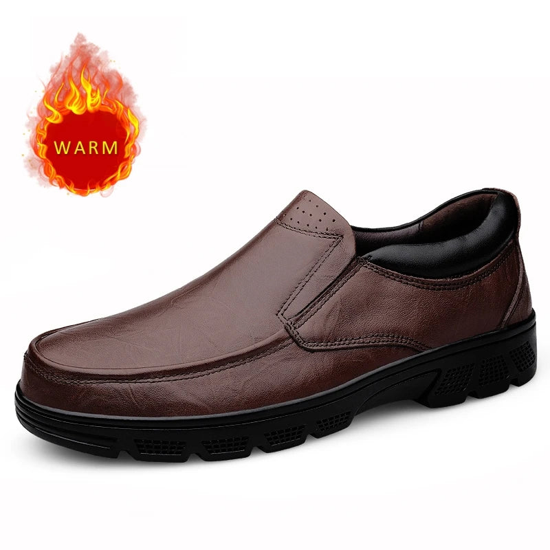 Classic Brand Men's Genuine Leather Casual Shoes Thick Soled Winter Plush Cotton Shoes Men's Outdoor Commuting Work Shoes