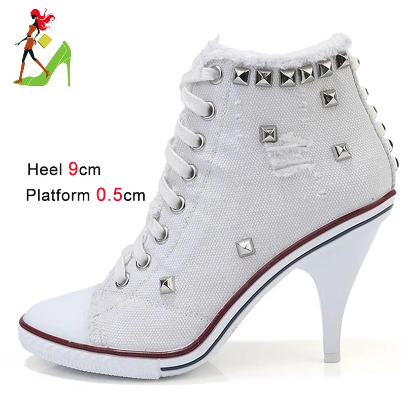 Women Boots Short High Heels Shoes For Women Botas British Style Rivet Ankle Boots Pointed Toe Side zipper strap Female Heels