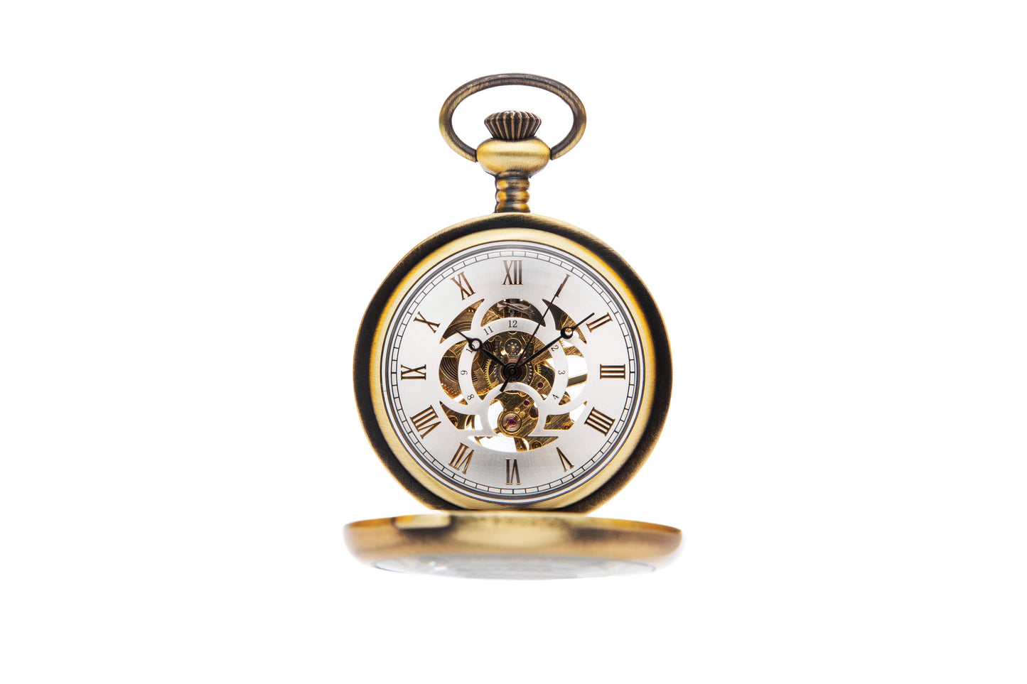 A bronze mechanical pocket watch with a glass that functions as a magnifying glass with a bold chain makes this pocket watch per