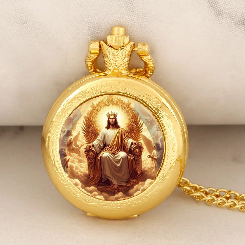Personalised Fashion Golden Stainless Steel Mysterious Jesus Design Quartz Pocket Watch Necklace Women Men Jewelry Pendant Chain