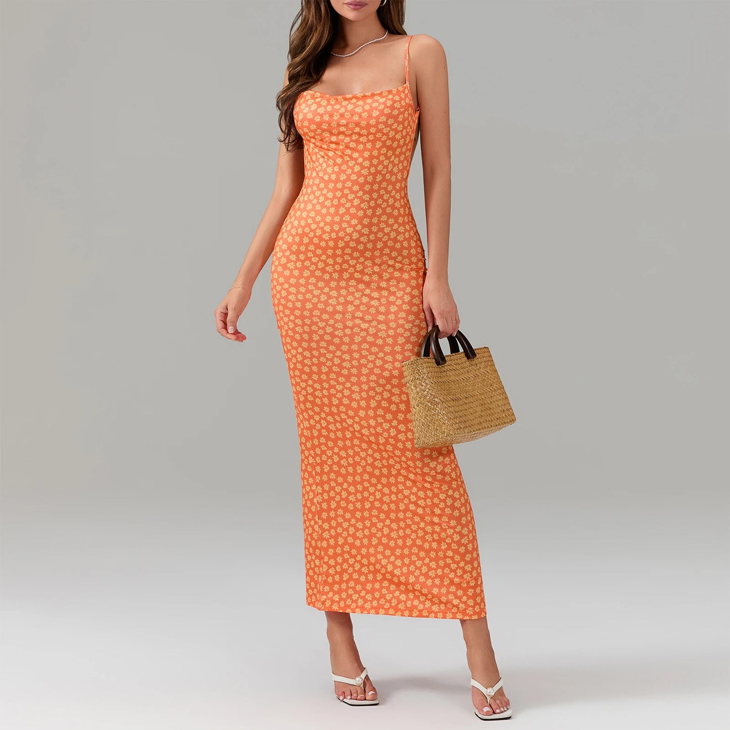 Women Chic Tube Backless Dress Spaghetti Strap Satin Elegant Maxi Bodycon Long Dress Y2K Floral Printed Sundress Streetwear
