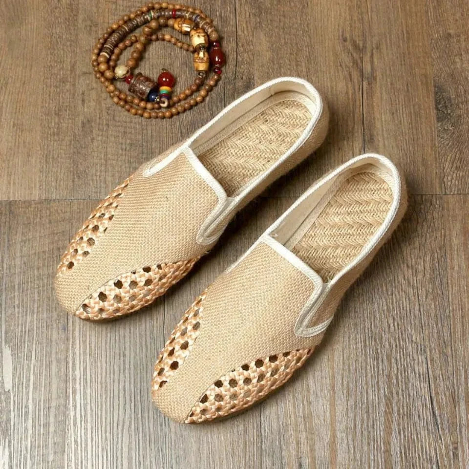 Chinese Style Hollow Summer Breathable Sweat-Absorbing Beef tendon Bottom Soft Bottom Linen Canvas M,en's Slip-On Men's Shoes