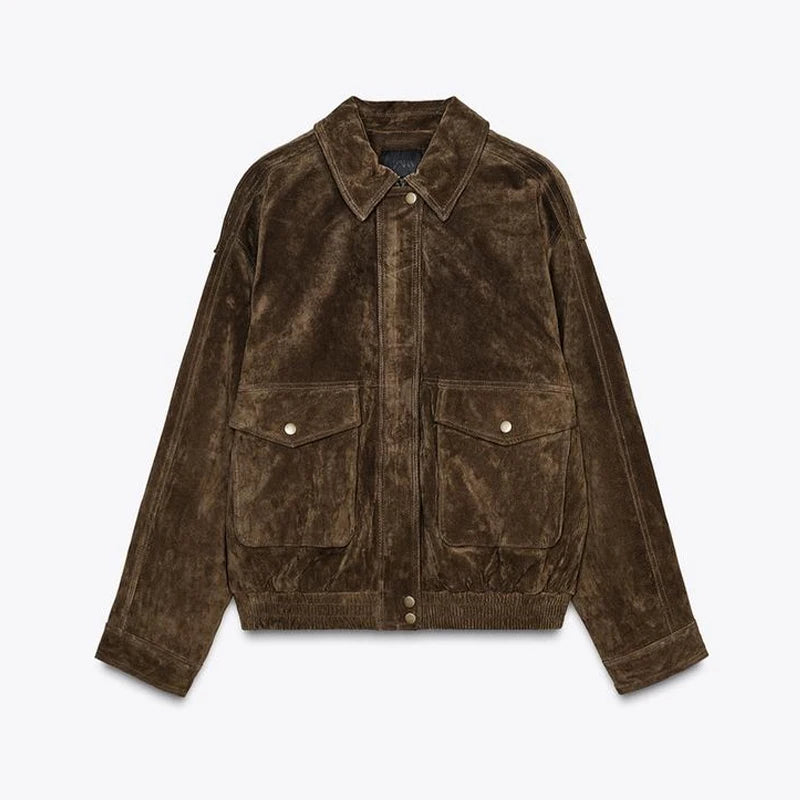 Suede Leather Jacket Coat Vintage Brown Maillard Pocket Lapel Casual Loose Bomber Jackets Motorcycle Style Silhouette Outwear