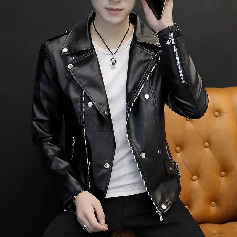 2024 Autumn Men's Leather Jacket, Suit Collar Coat Slim Men's Short Motorcycle clothing