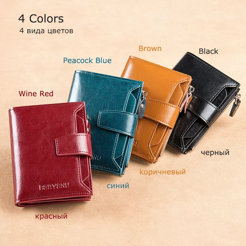 Genuine Leather Wallets for Women Red Money Purses Zipper RFID Short Female Small Card Holder Coin Purse Trifold Bifold Wallet