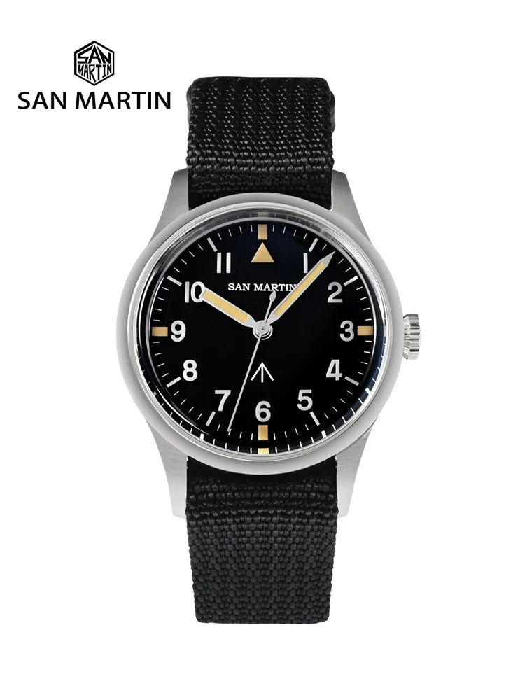 San Martin 36mm Men Pilot Watch VH31 Mechaquartz Movement Sweep Second Quartz Series Simple Style Nylon Strap 10 Bar Luminous