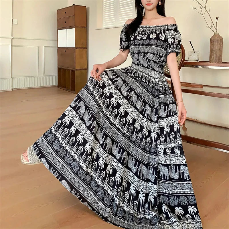 Cotton Silk floral Short sleeved Dress Beach vacation Big swing Dress New Summer 2025 Printed One neck Long Dresses