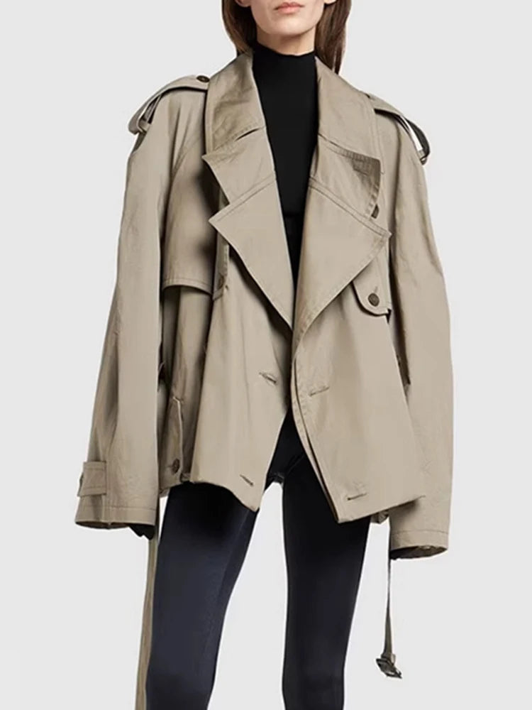 DEAT Fashion Women Cotton Trench Coat Lapel Raglan Sleeve Double Breasted Solid Color Short Windbreaker Autumn 2025 New 7AB1302