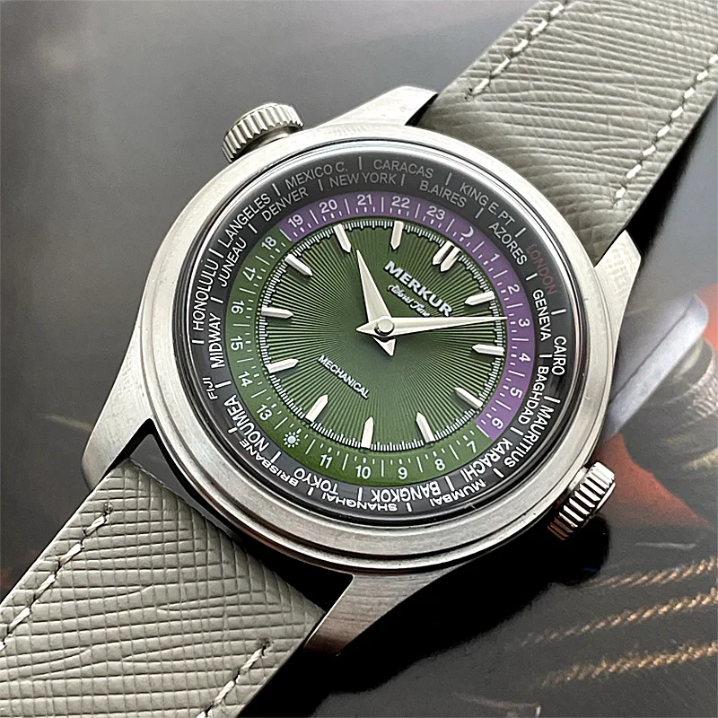 2025 NEW Merkur Dual Crown Universal Time Watch Retro Manual Mechanical Watches for Men Watch Vintage 38mm Reloj Hombre Black