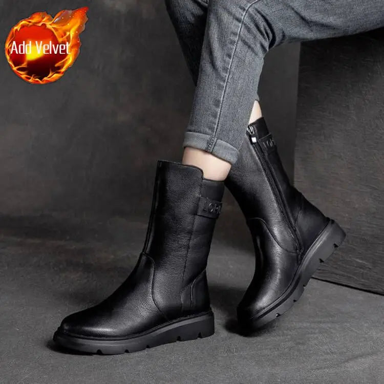 Footwear Mid Calf Women's Boots Wedge Heel Biker Shoes For Woman Half High Leather Brown Fashion 2024 On Offer Korean Style Y2k