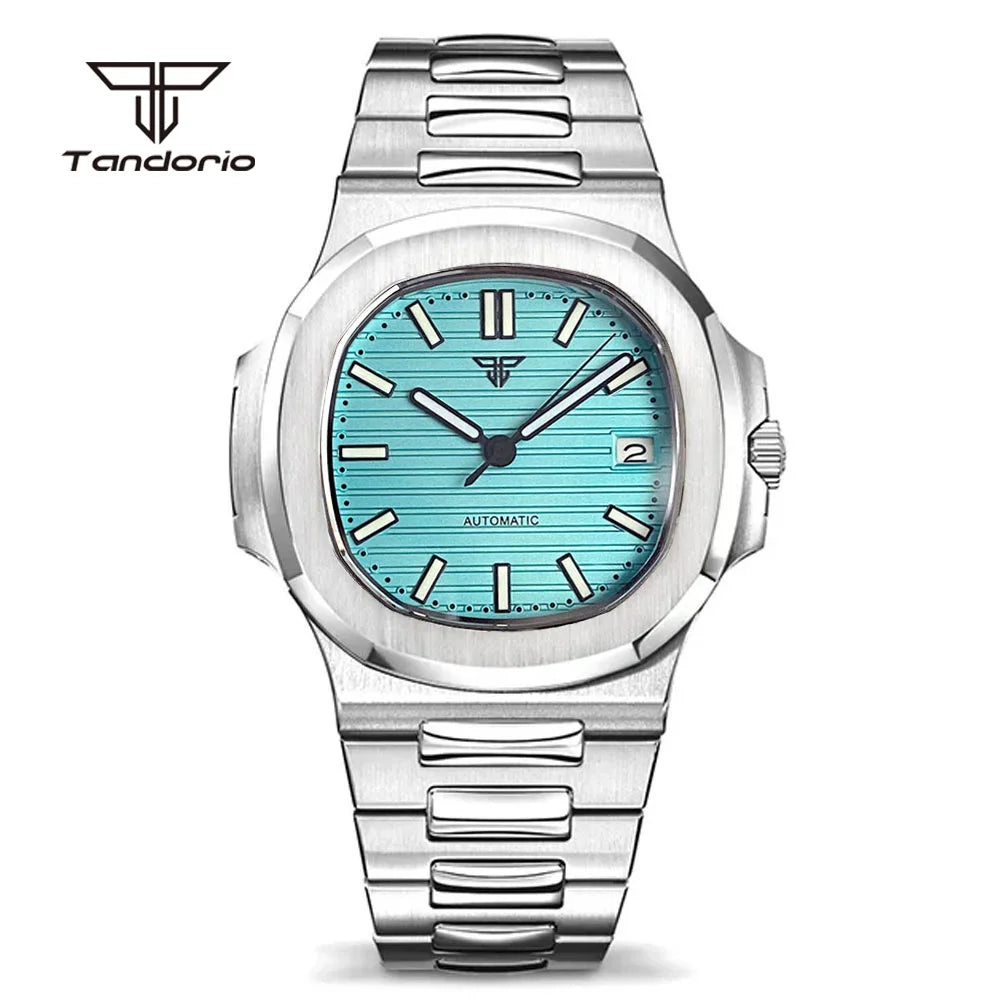 Tandorio Square 40mm Men's Stainless Steel NH35 Automatic Watch Multicolor Dial Sapphire Date Brushed Mechanical Wristwatch Lume