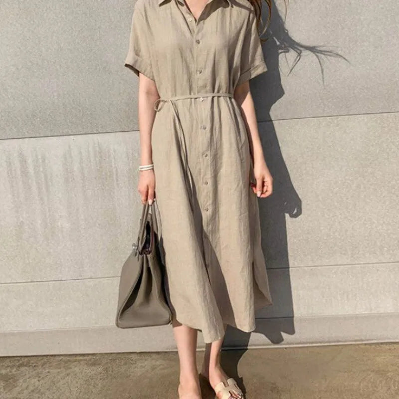 REALEFT 2024 New Summer Linen Women's Shirt Dresses Short Sleeve Single Breasted Korean Lace Up Straight Long Dress Female