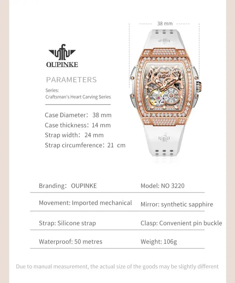 OUPINKE 3220 Women's Watch Flywheel Skeleton Mechanical Watch For Women Luxury Silicone Strap Wristwatch Sapphire Mirror Clock