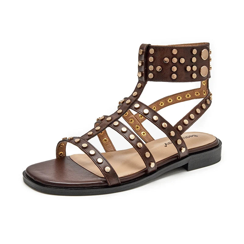 BeauToday Gladiator Sandals Women Leather Shoes Rivet Ankle Buckle Strap Roman Casual Handmade Flat Summer Ladies Shoes 07113