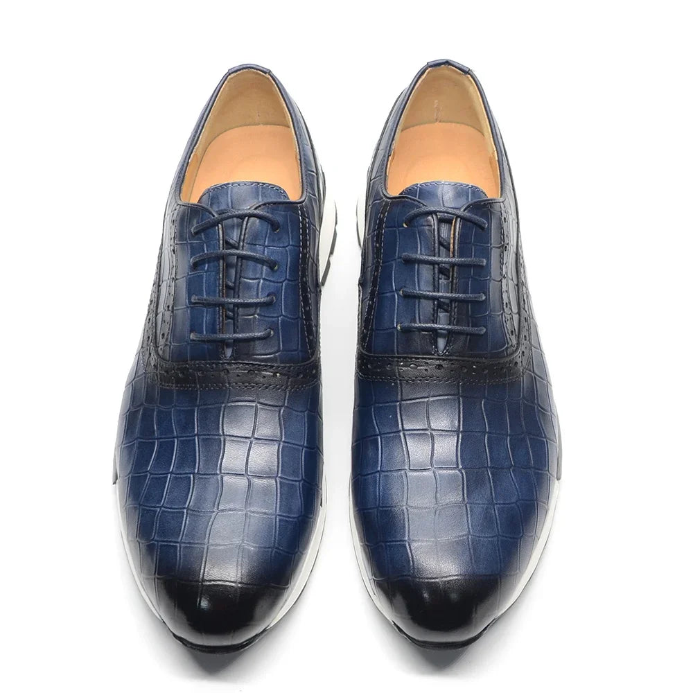 Luxury Men Genuine Leather Casual Sneakers Comfortable Lace Up Oxford Daily Social Shoes Stone Pattern Soild Blue Male Footwear