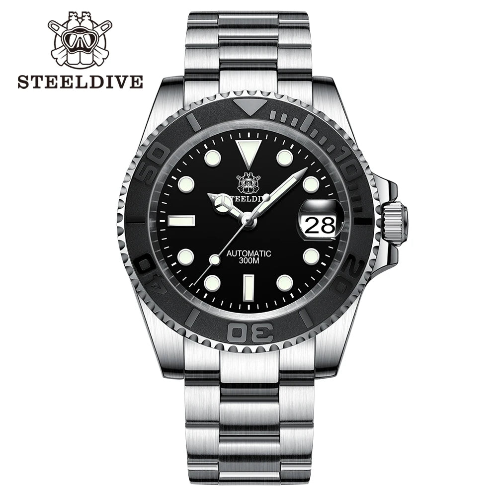 SD1953T New In STEELDIVE 300M Water Resistant NH35 Automatic Mens Dive Watch Reloj Black Ceramic Bezel With Embossed Markers